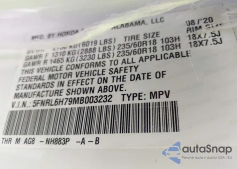 2021 Honda Odyssey Ex-L из США, поврежденный, VIN 5FNRL6H79MB003232